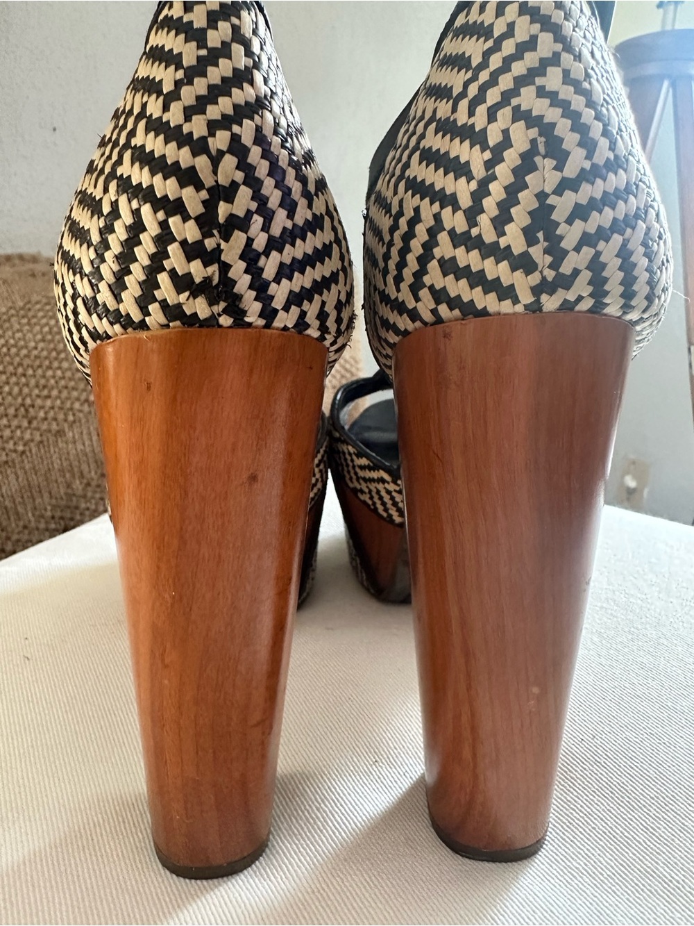 Jessica Simpson Dany Black and Cream Woven Platform Sandals with Wood Block Heel - Picture 6 of 11